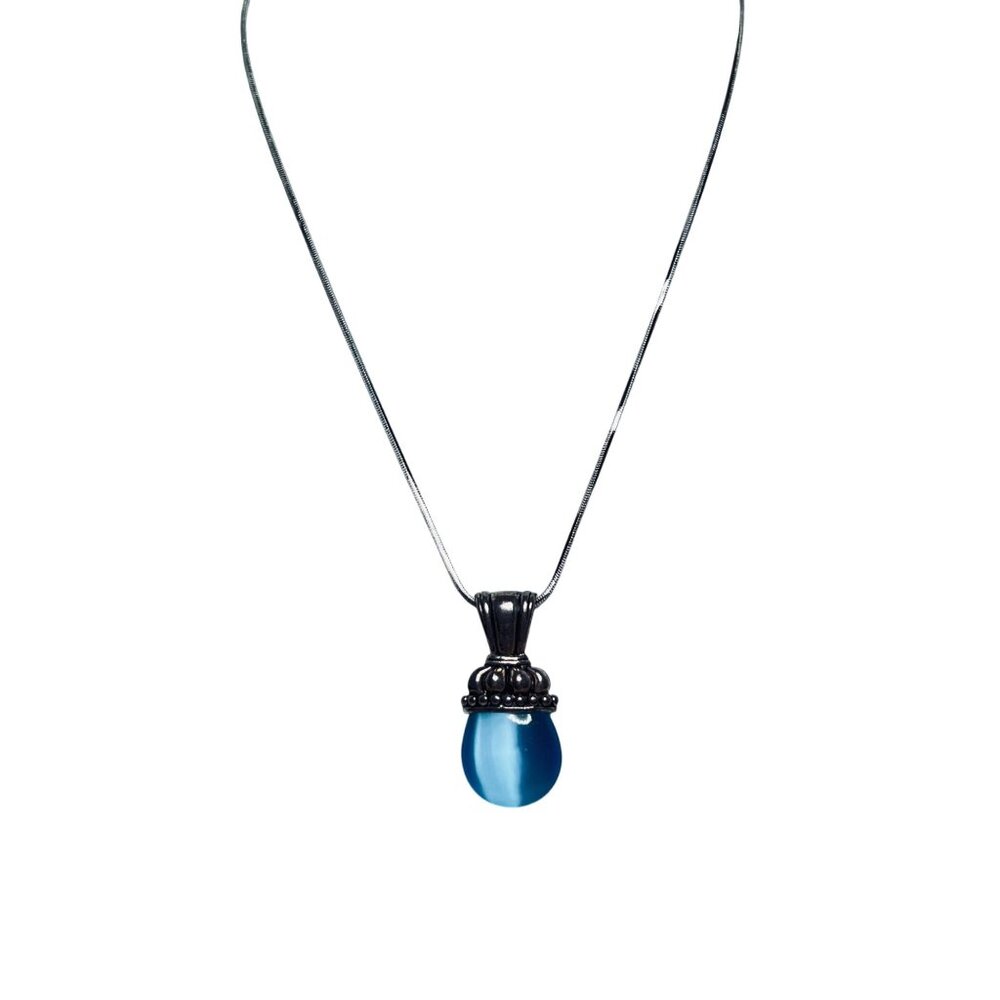Silver Tone Snake Chain Necklace With Double-Sided Blue Moonglow Pendant (5812)